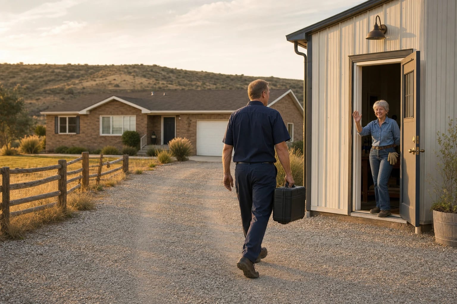 Locksmith carrying a tool case walks up a gravel drive toward a homeowner waving from a rural outbuilding