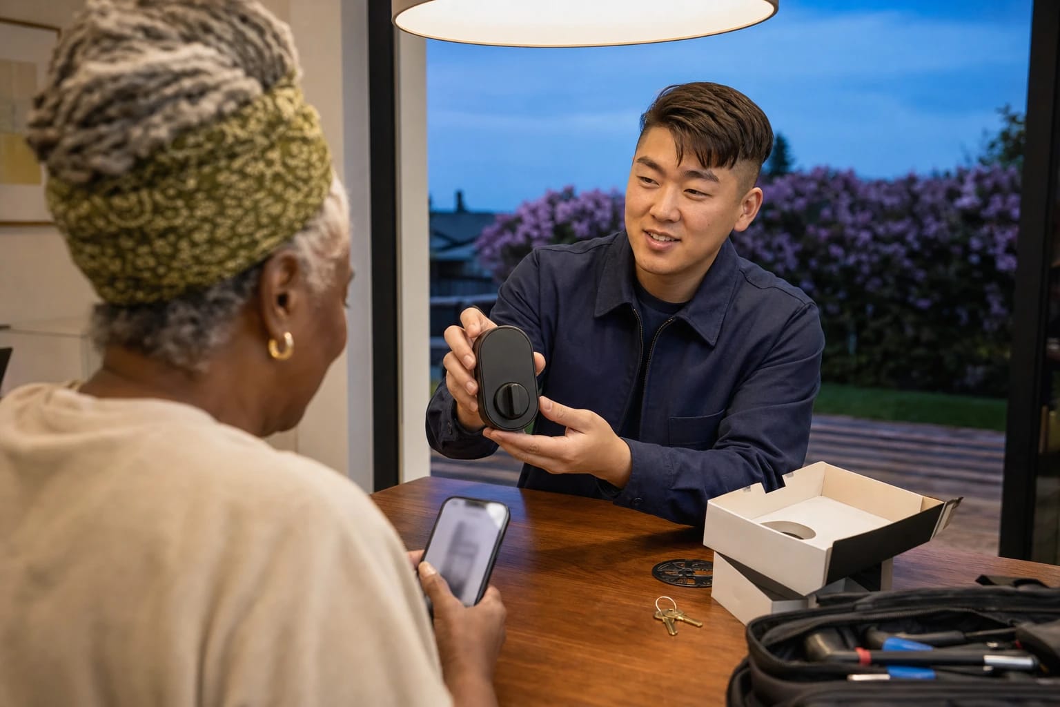 Locksmith shows a smart lock unit to a homeowner holding her phone at a table, lilacs outside at dusk