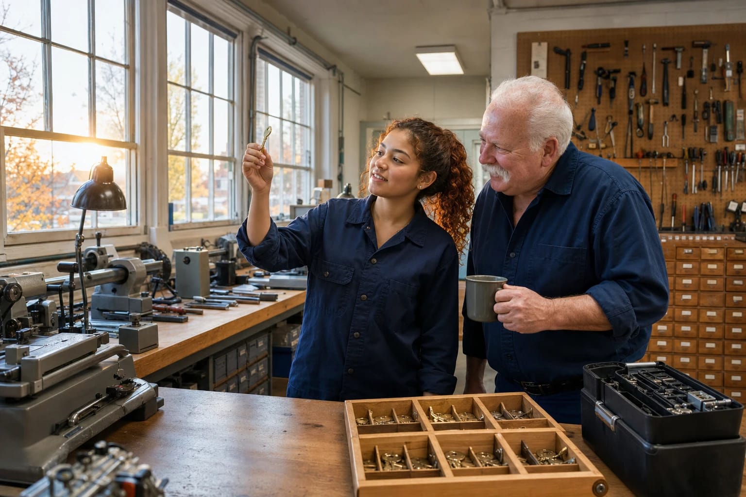 Young locksmith inspects a freshly cut key beside a senior mentor holding a mug in a key-cutting workshop