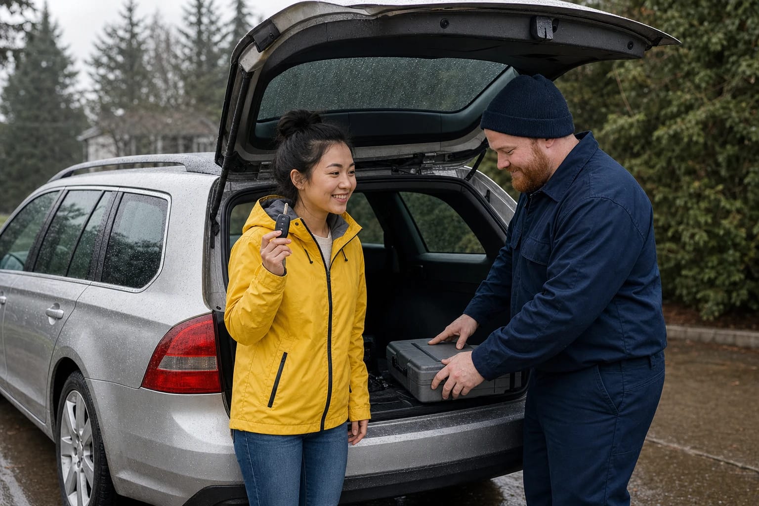 Driver in a yellow rain jacket holds a flip key fob as a locksmith opens a tool case in her wagon's trunk