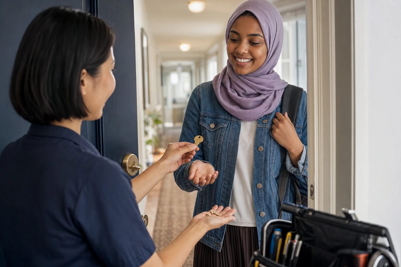 Locksmith hands a new key to a smiling apartment resident while holding broken key pieces in her other palm
