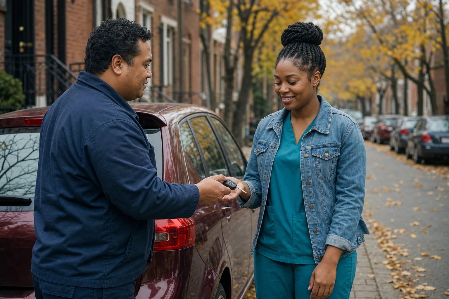 Locksmith hands a new flip car key to a woman beside her car on a brick rowhouse street in autumn