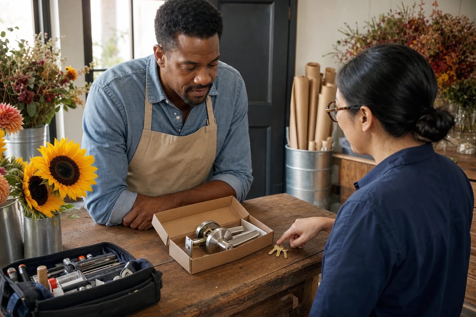 Locksmith points to new keys beside a boxed lever lockset on a florist shop counter as the owner looks on
