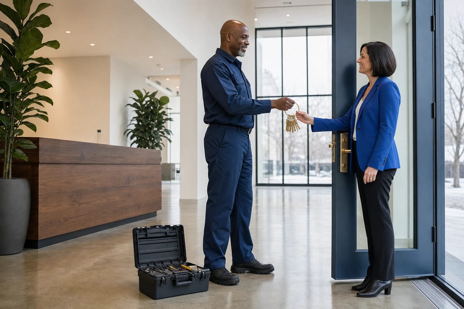 Locksmith hands a ring of brass keys to a business owner at the glass door of an office lobby