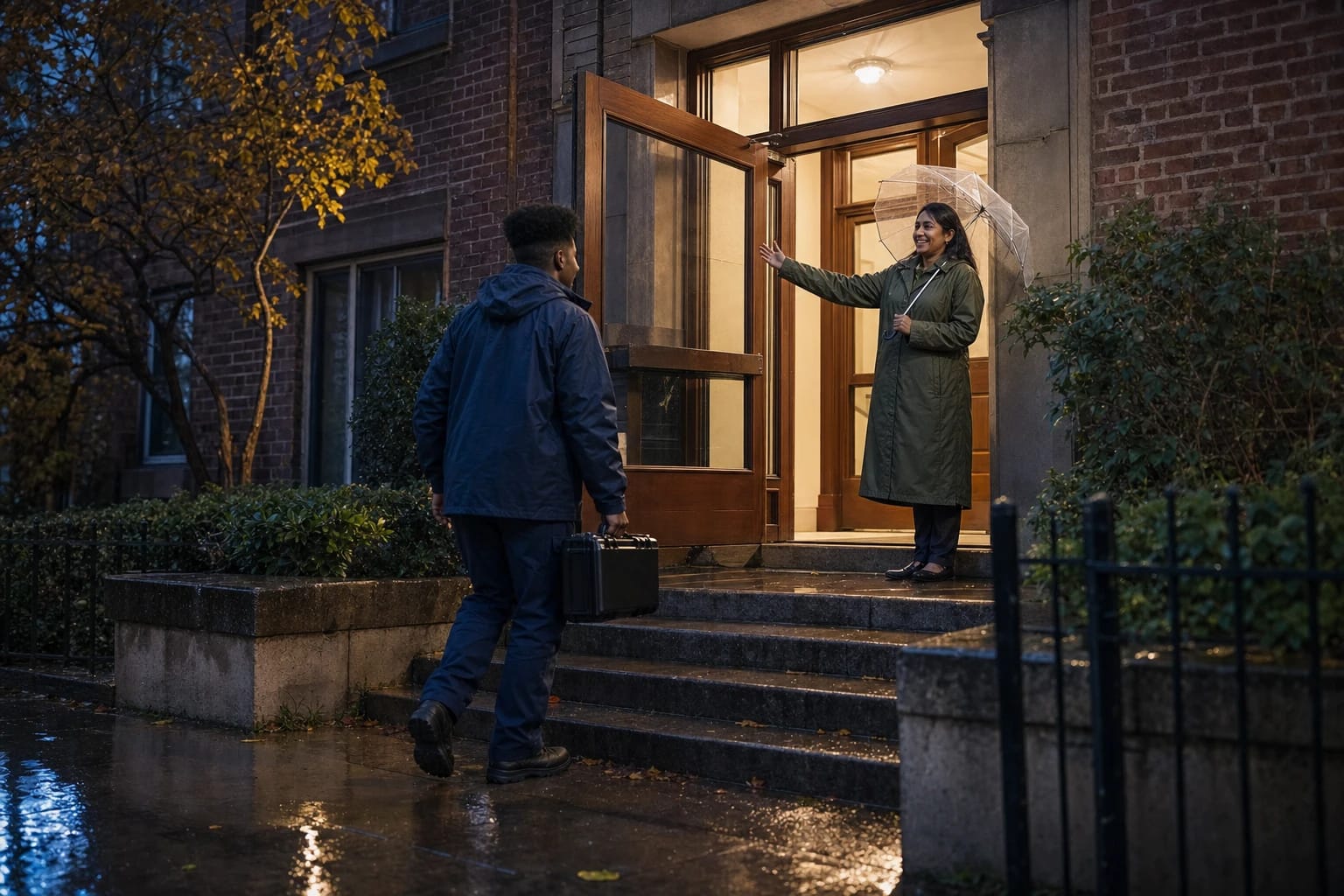 Locksmith carrying a tool case climbs wet steps at night as a resident with an umbrella waves from an apartment doorway