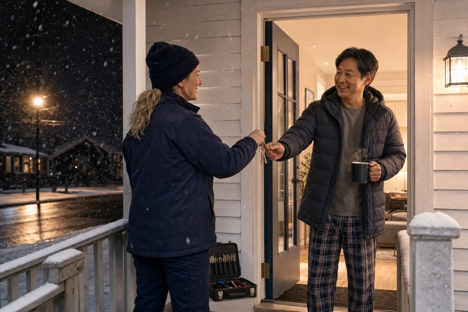 Locksmith hands keys to a homeowner at his front door on a snowy night porch