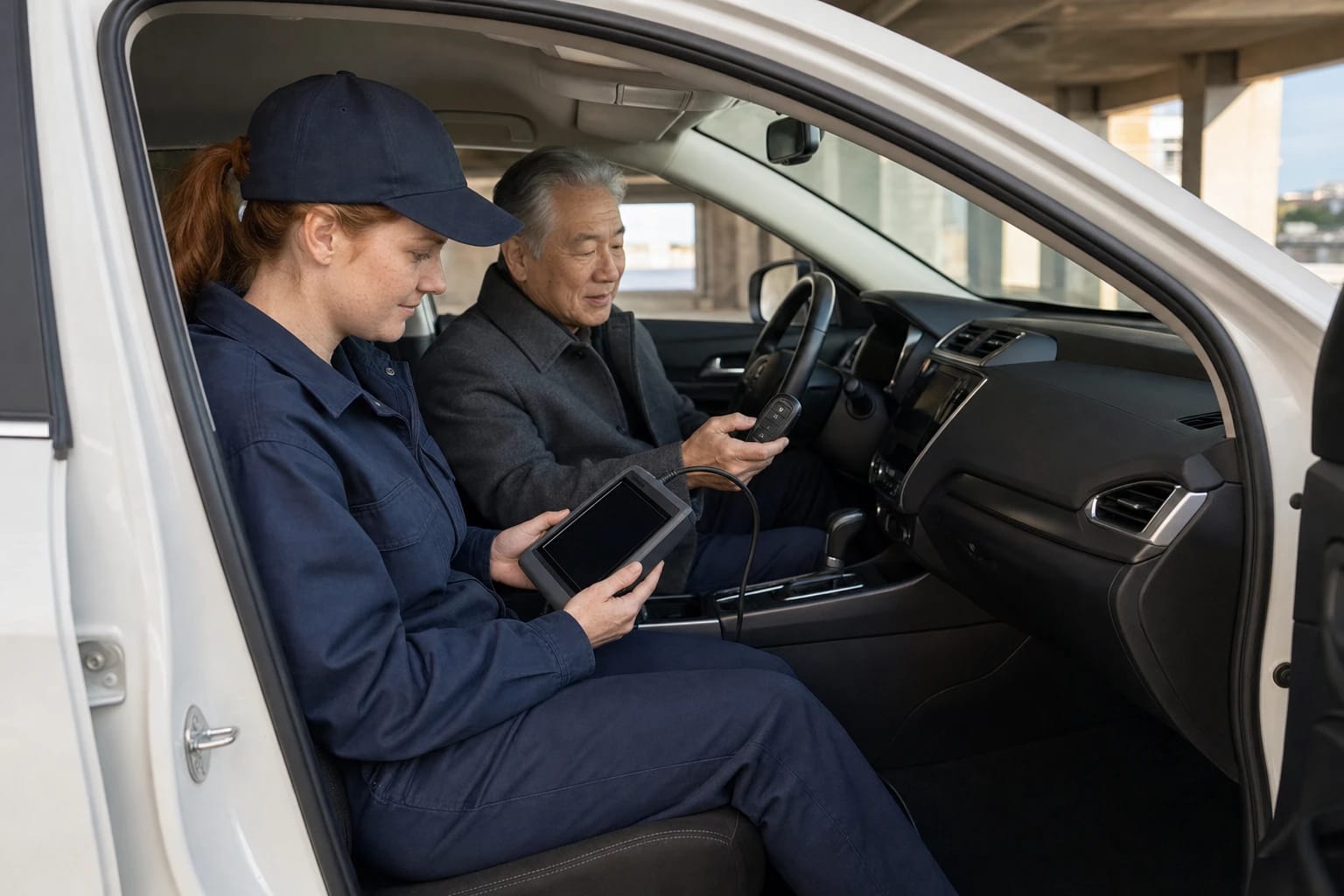 Locksmith in a car's passenger seat uses a programming tablet as the driver holds a key fob