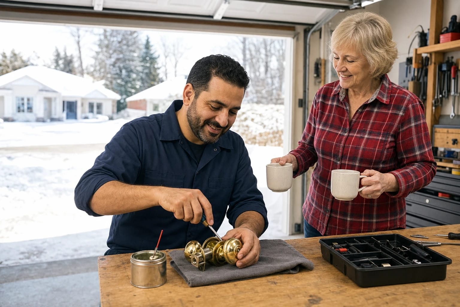 Locksmith adjusts a brass doorknob at a garage workbench as a homeowner brings coffee on a snowy day