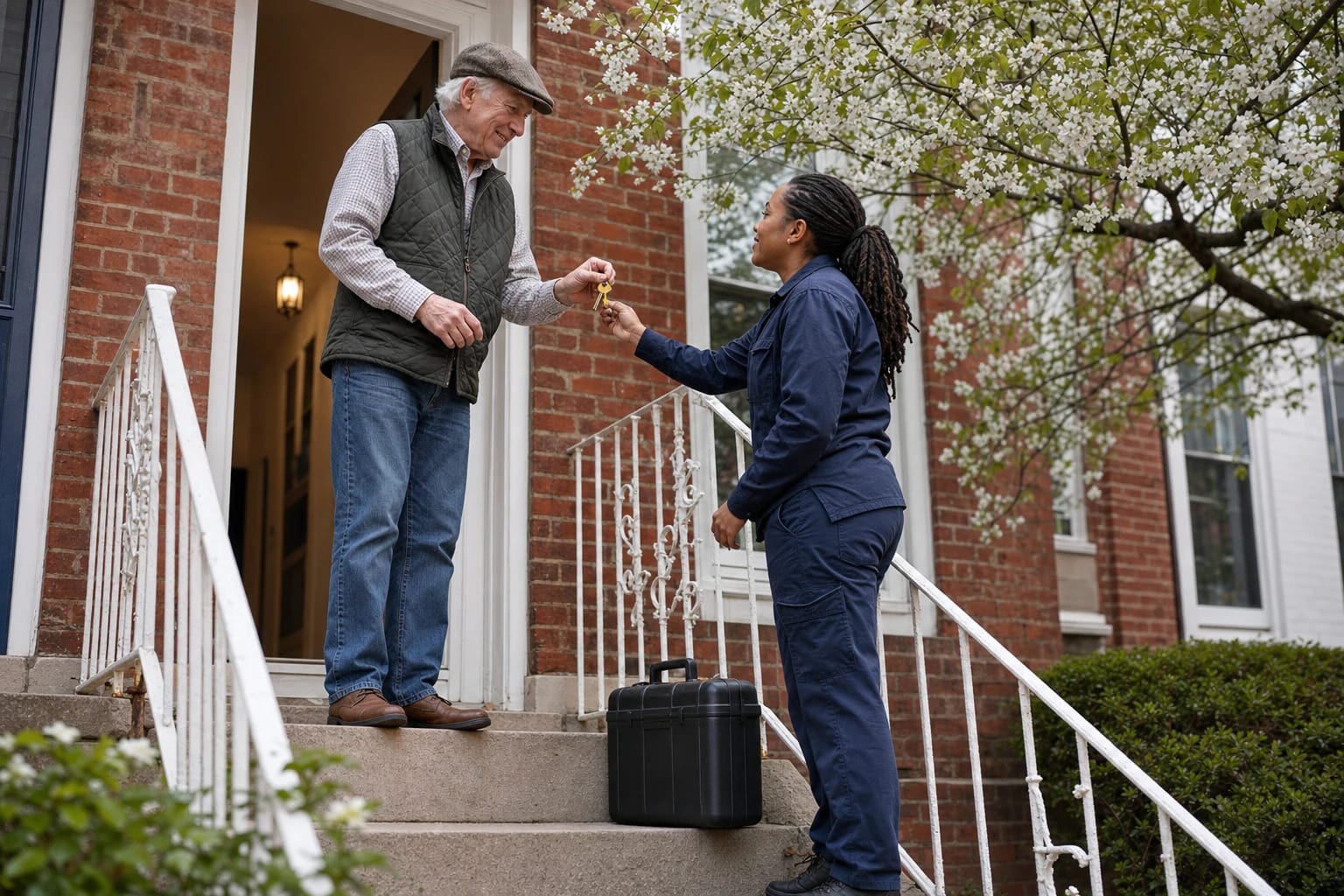 Older homeowner and locksmith exchange a brass key on the stoop of a brick rowhouse with white iron railings