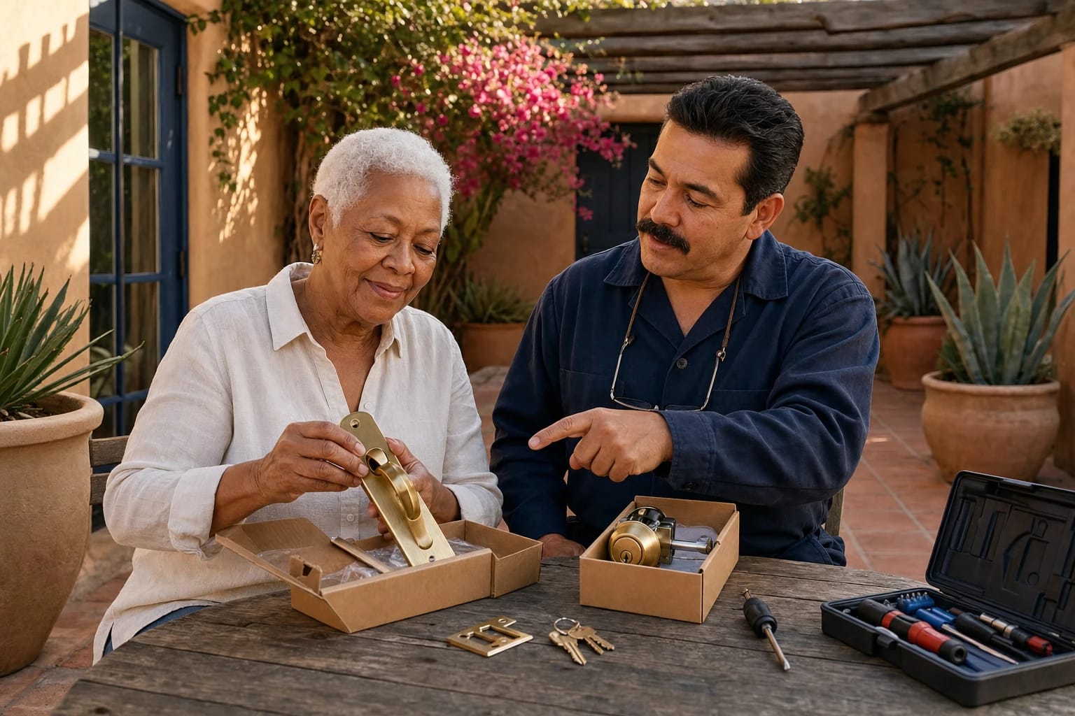 Locksmith shows a homeowner new brass door hardware from a box on a patio table in a stucco courtyard