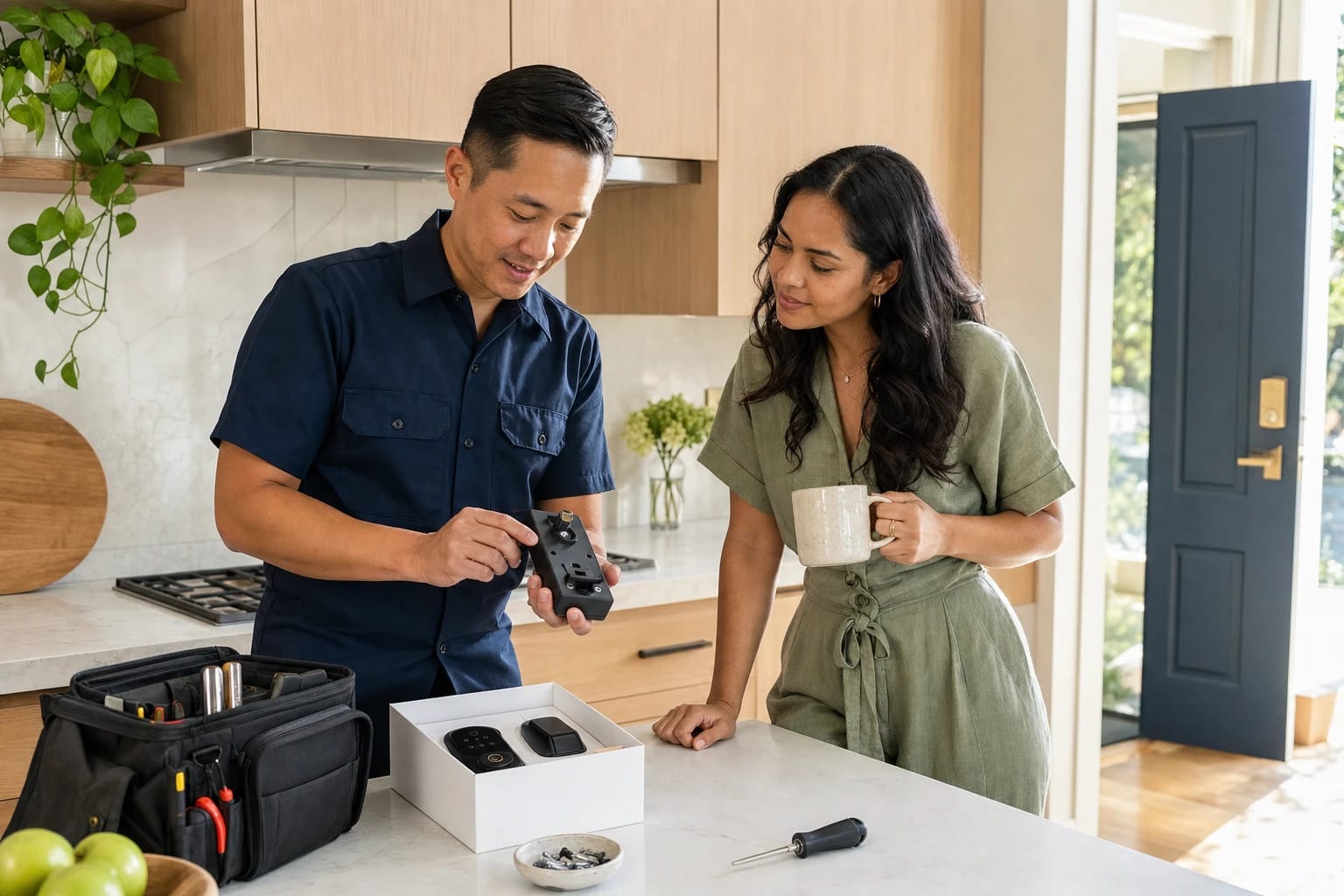 Locksmith shows a homeowner a smart lock interior unit at a kitchen island next to its open box