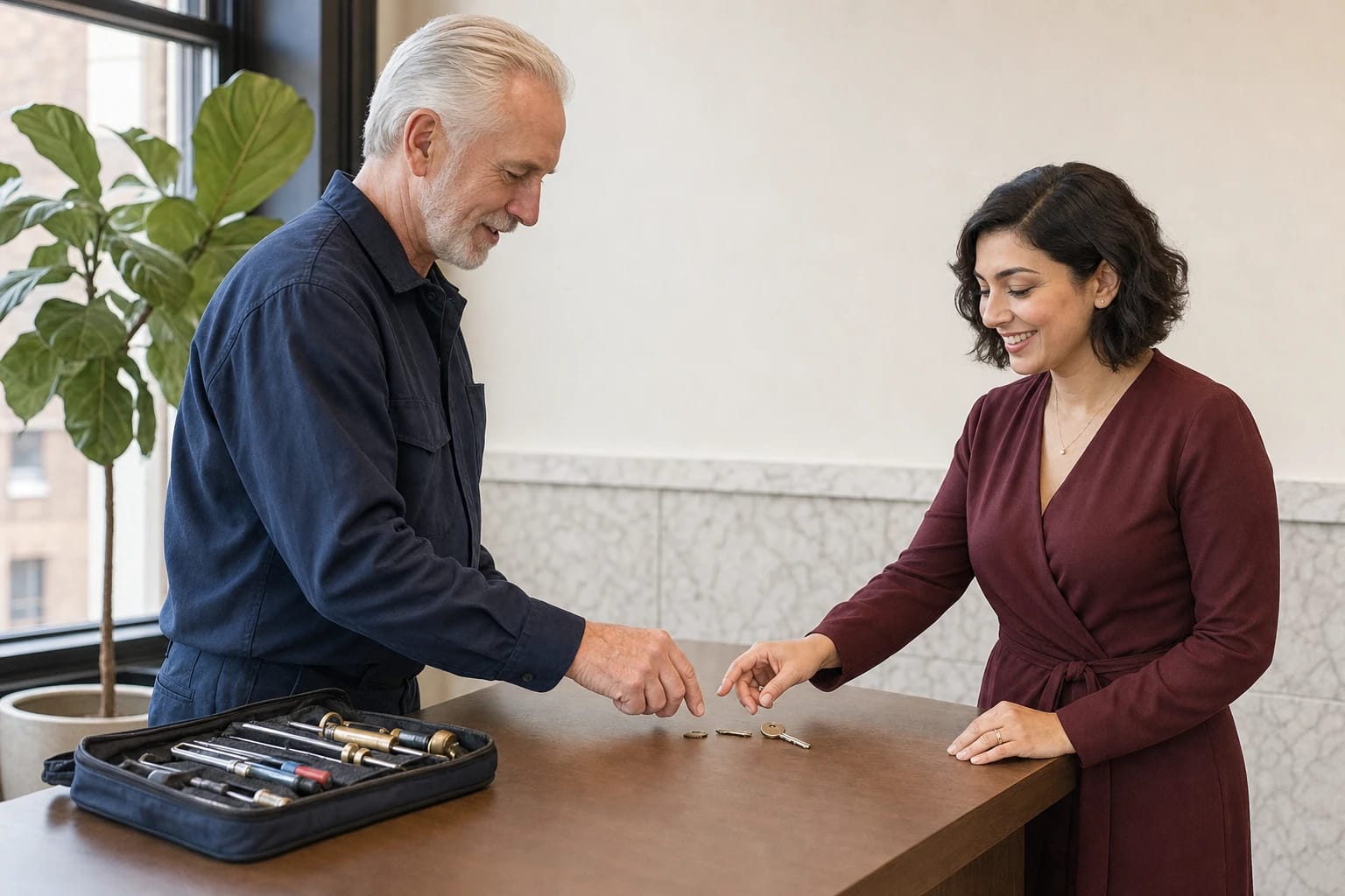 Locksmith and a woman look at broken key pieces on an office counter beside an open tool roll