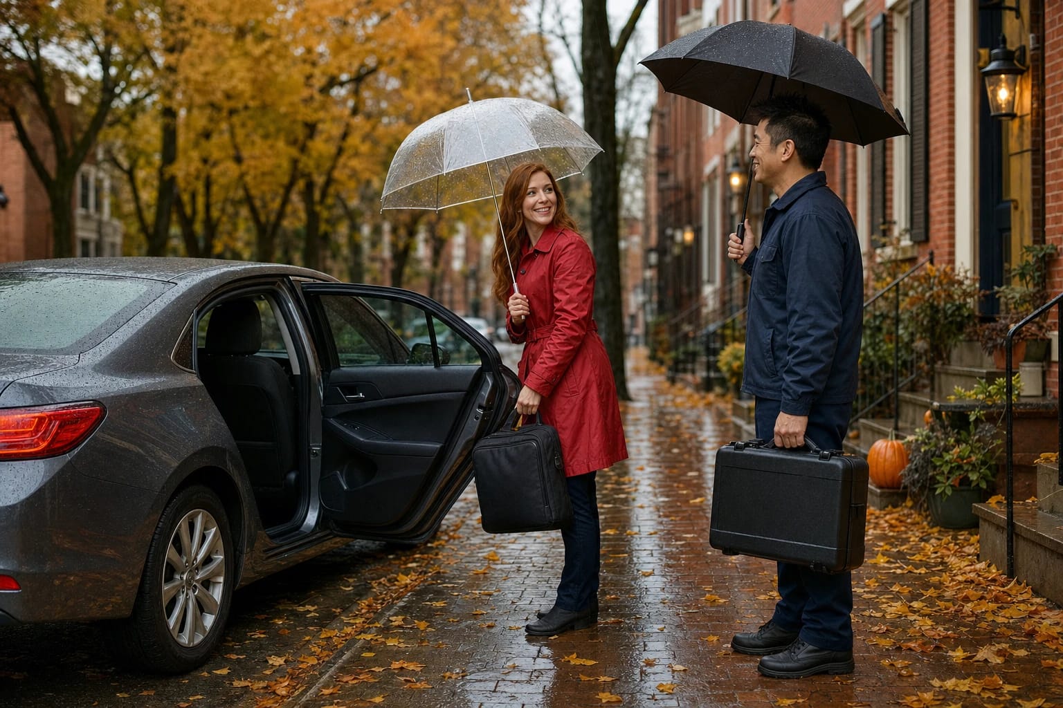 Woman in a red coat opens her car door on a rainy autumn street as a locksmith with an umbrella stands by