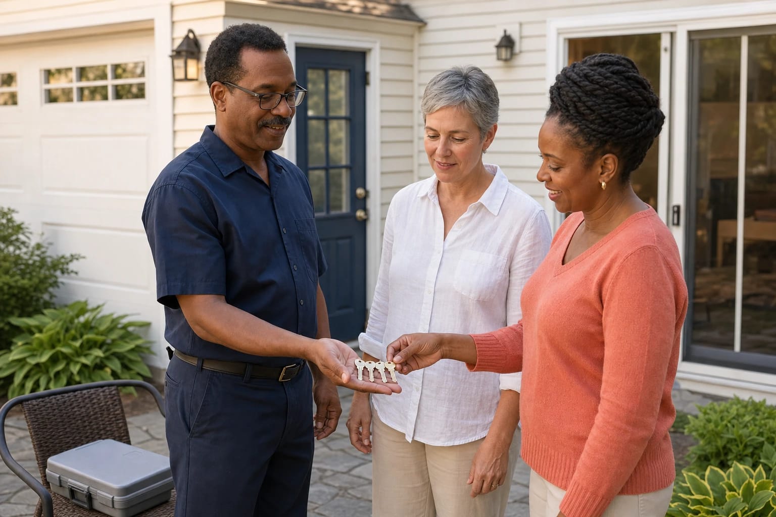 Locksmith offers four new keys to two women on a patio outside a white house with a garage