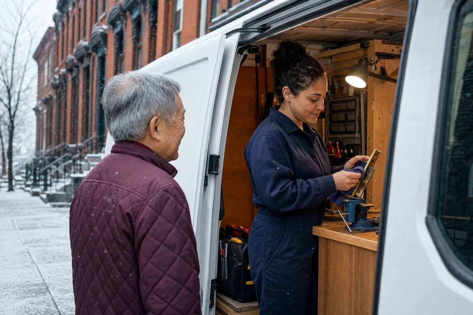 Locksmith cleans a brass lock faceplate at a vise in her van as a man watches on a snowy rowhouse street