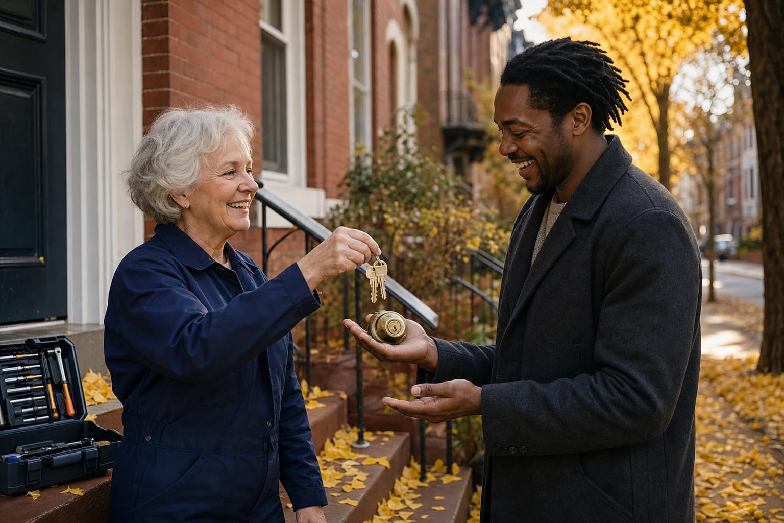 Locksmith hands keys and a brass deadbolt to a smiling man on a brick stoop with yellow fall leaves