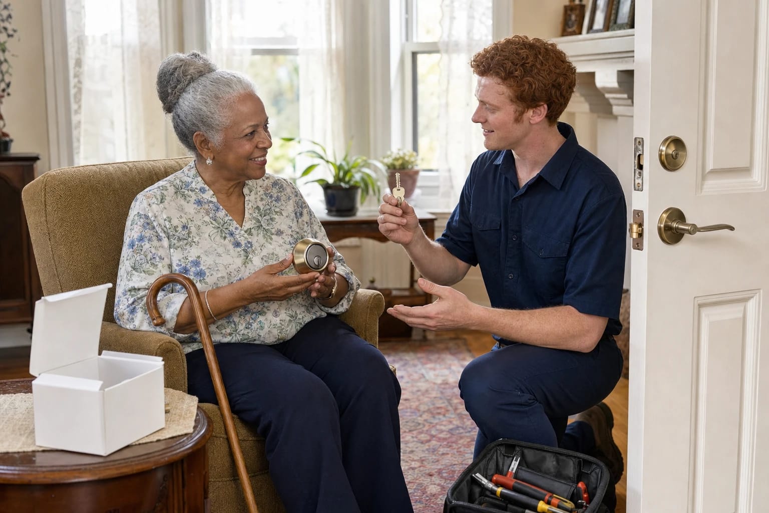 Locksmith kneels with a key beside an older woman holding a brass deadbolt in her living room
