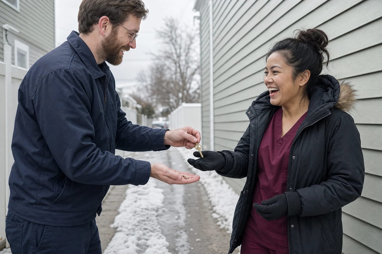 Locksmith holds snapped key pieces and hands a key to a smiling woman on a snowy side walkway
