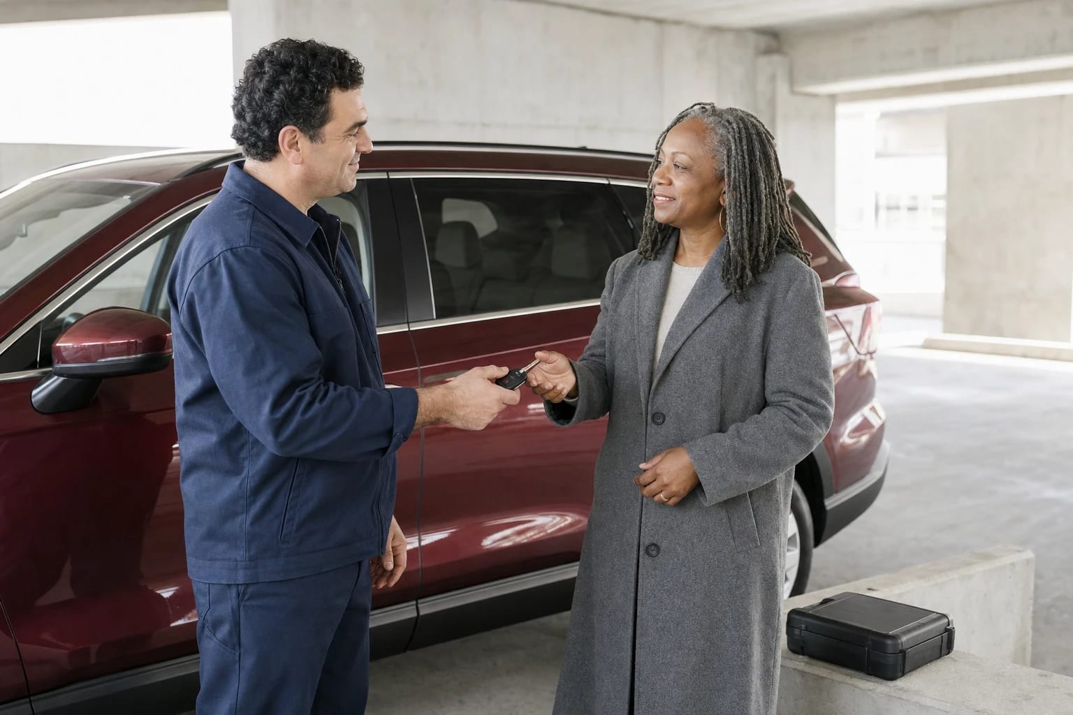 Locksmith hands a replacement flip key to a smiling woman beside her red SUV in a parking garage