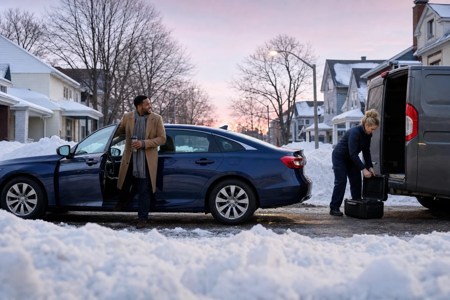 Driver steps out of his sedan on a snowy street at dusk as a locksmith packs her case at a van