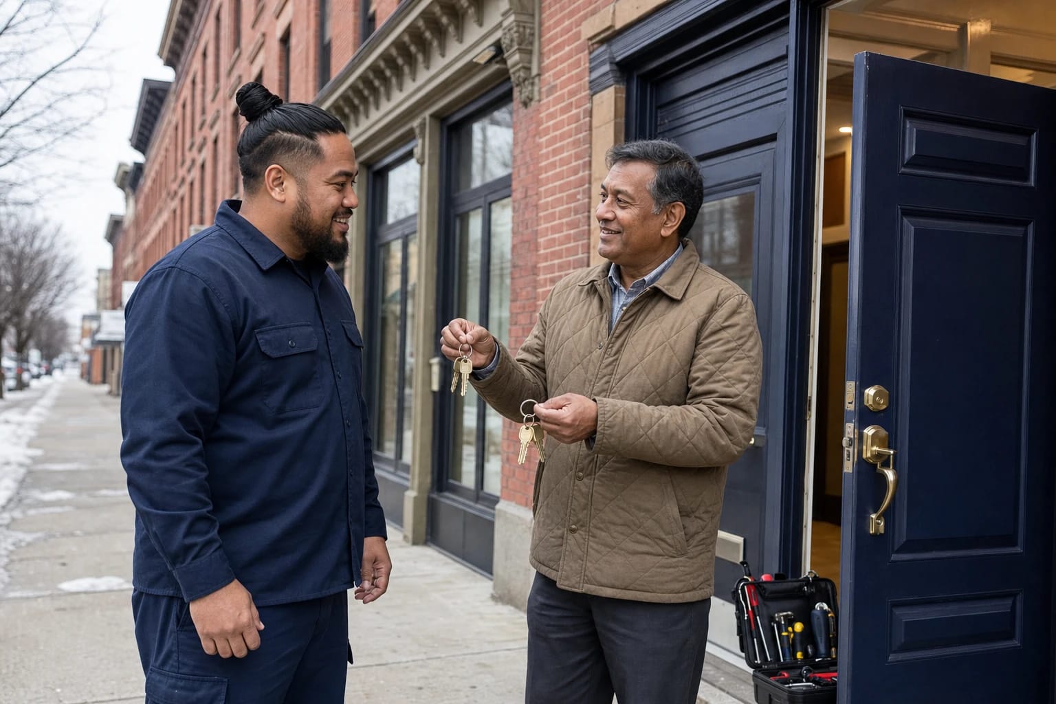 Business owner holds up keys to a locksmith outside an open storefront door on a brick commercial street