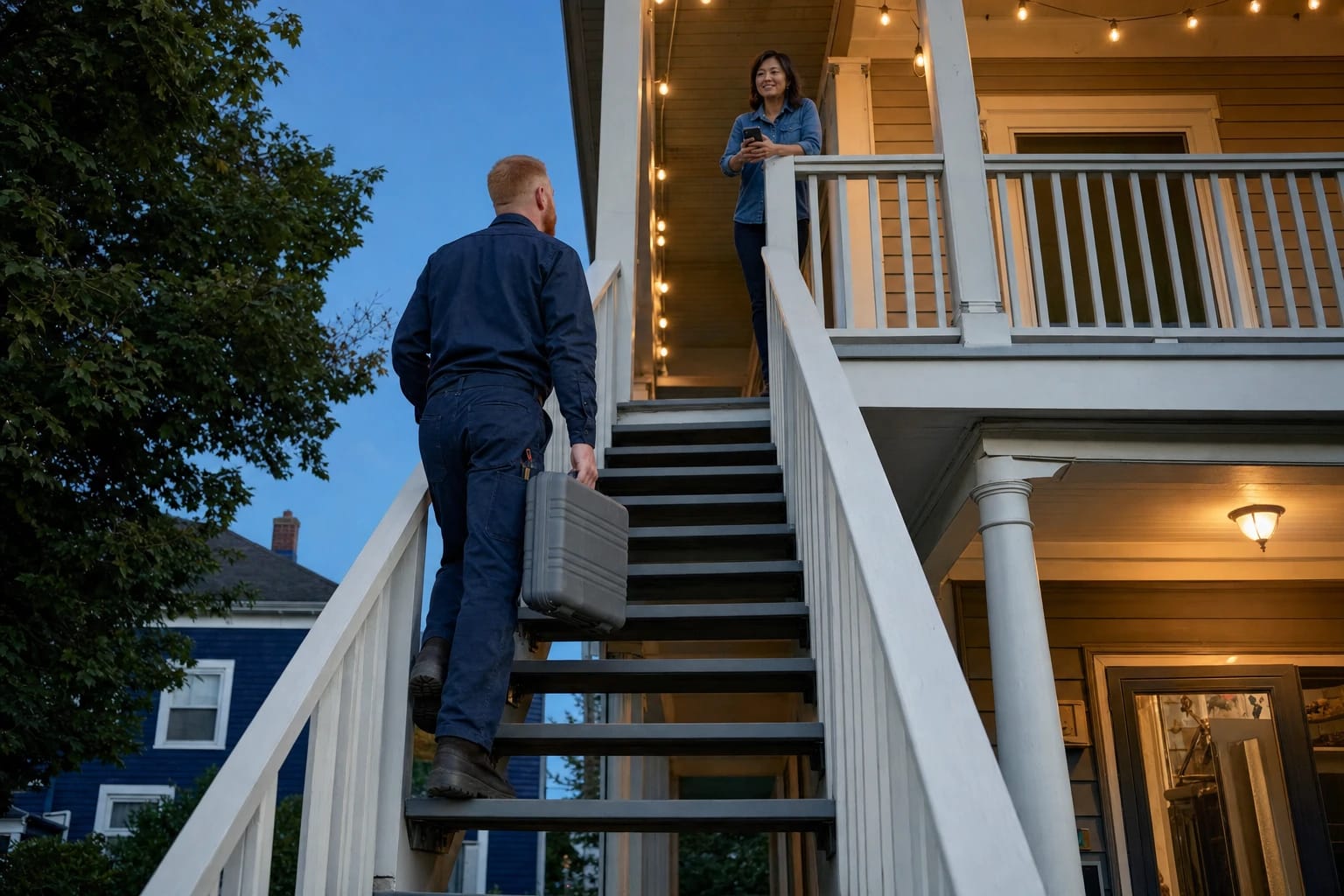 Locksmith carrying a tool case climbs exterior stairs at dusk toward a woman waiting on a lit upper porch