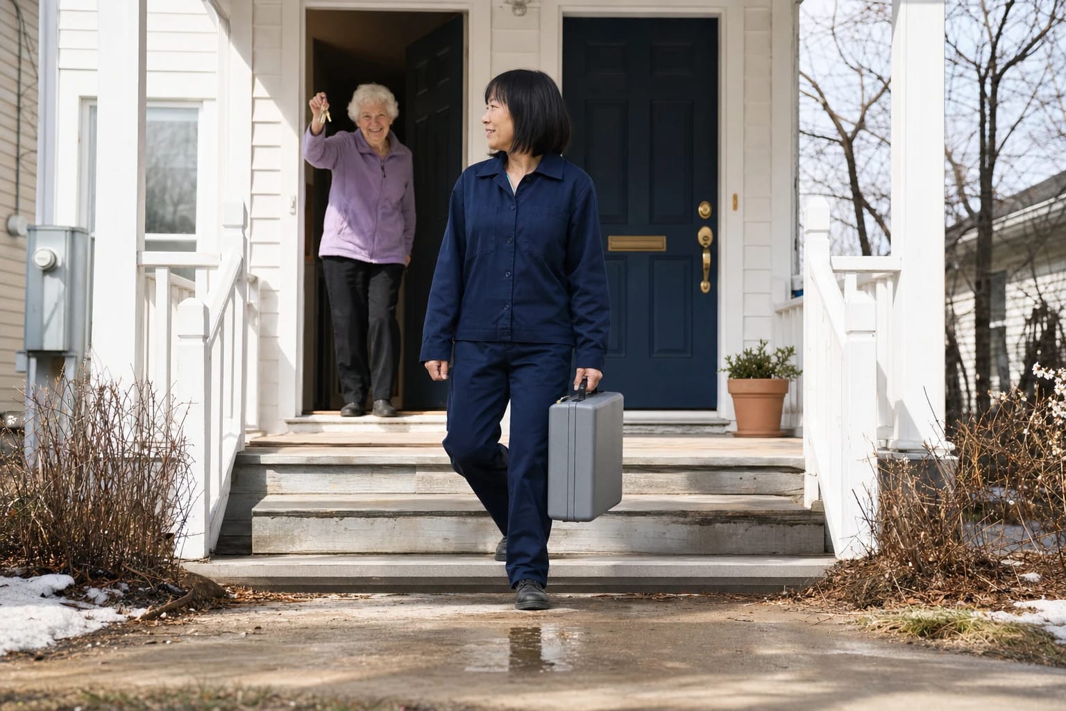 Smiling homeowner holds up her keys as a locksmith with a gray case walks down the porch steps on a sunny late-winter day