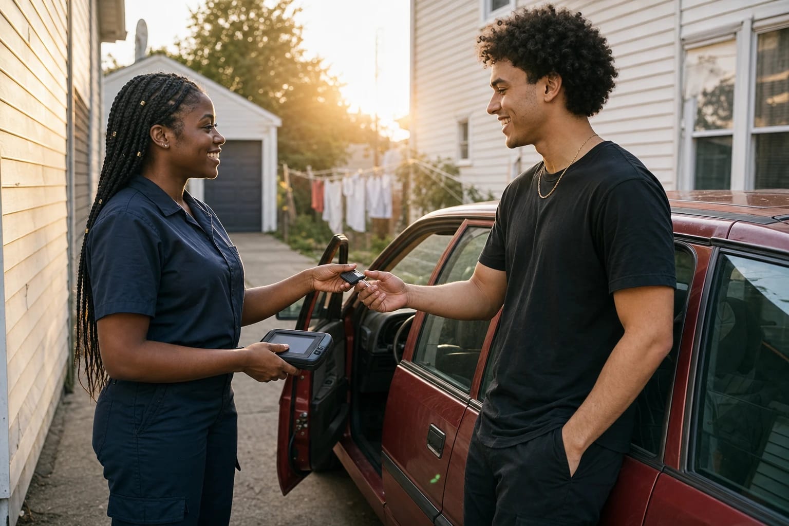 Locksmith holding a programming tablet hands a key fob to a young man by his car in a sunlit driveway