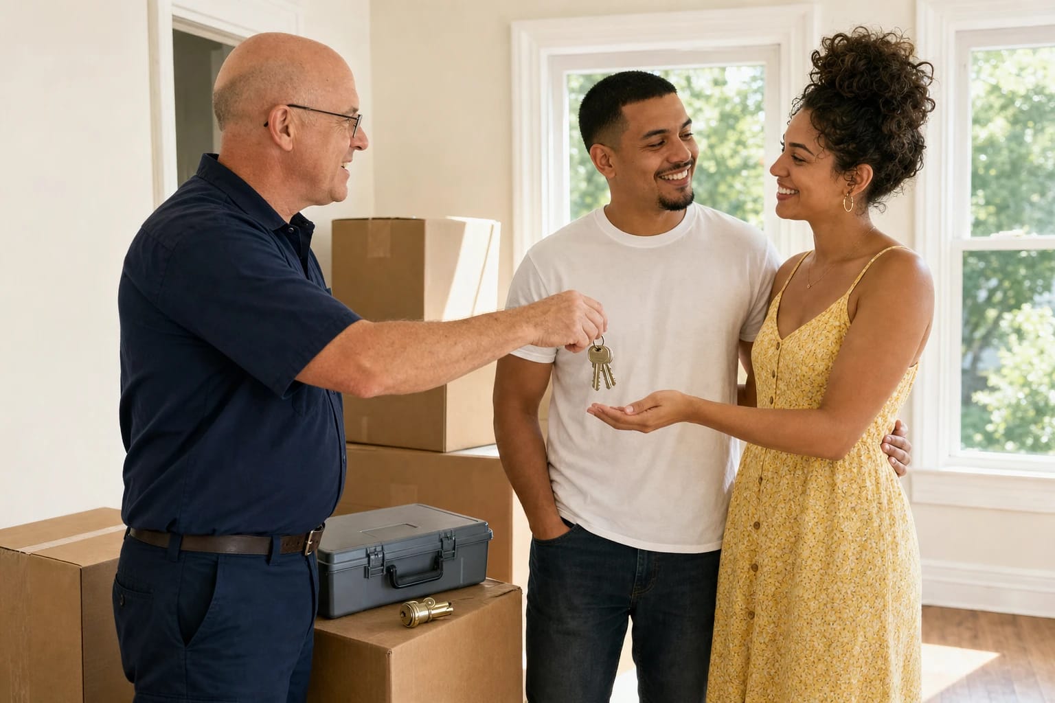 Locksmith hands new brass keys to a smiling couple among moving boxes, with a lock cylinder and toolbox nearby