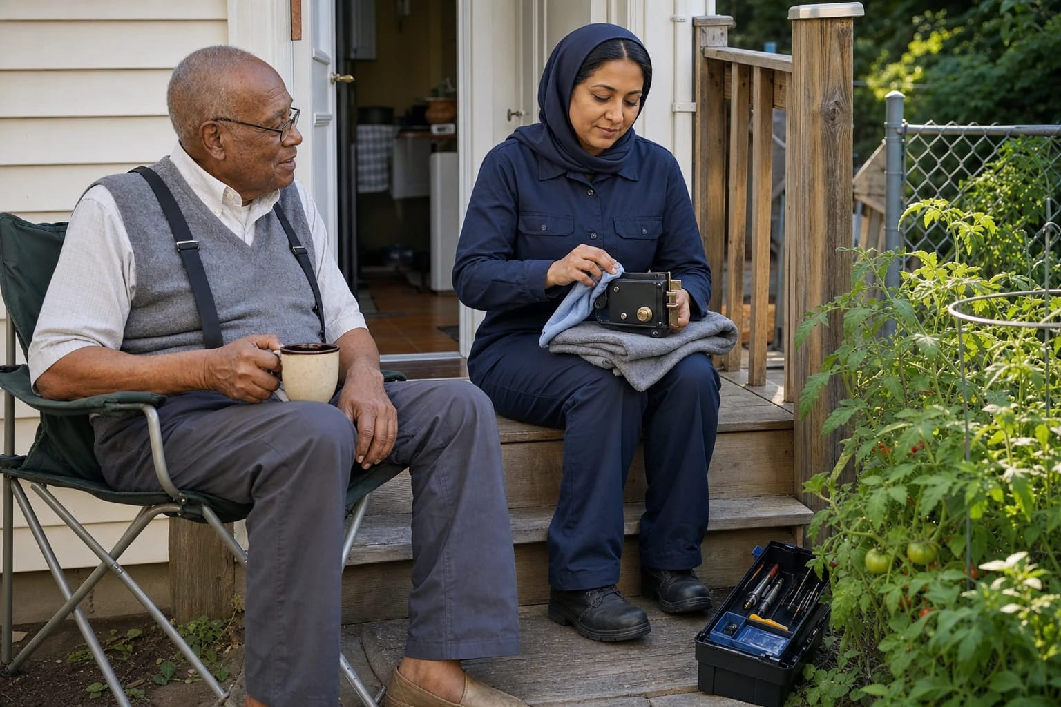 Locksmith cleans a rim lock on the back steps while an older homeowner sips coffee beside a summer garden