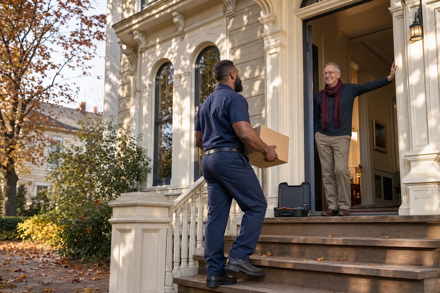 Locksmith carries a boxed lockset up the steps of a historic house as a homeowner greets him on an autumn afternoon