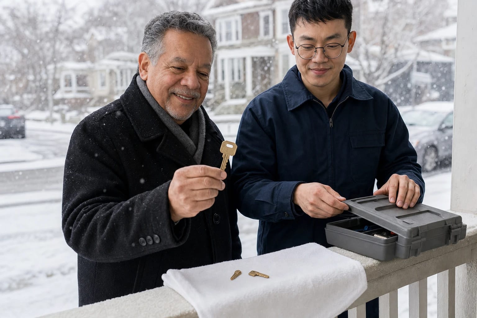 Homeowner holds a key beside a locksmith as snow falls, two broken key pieces on a towel on the porch rail
