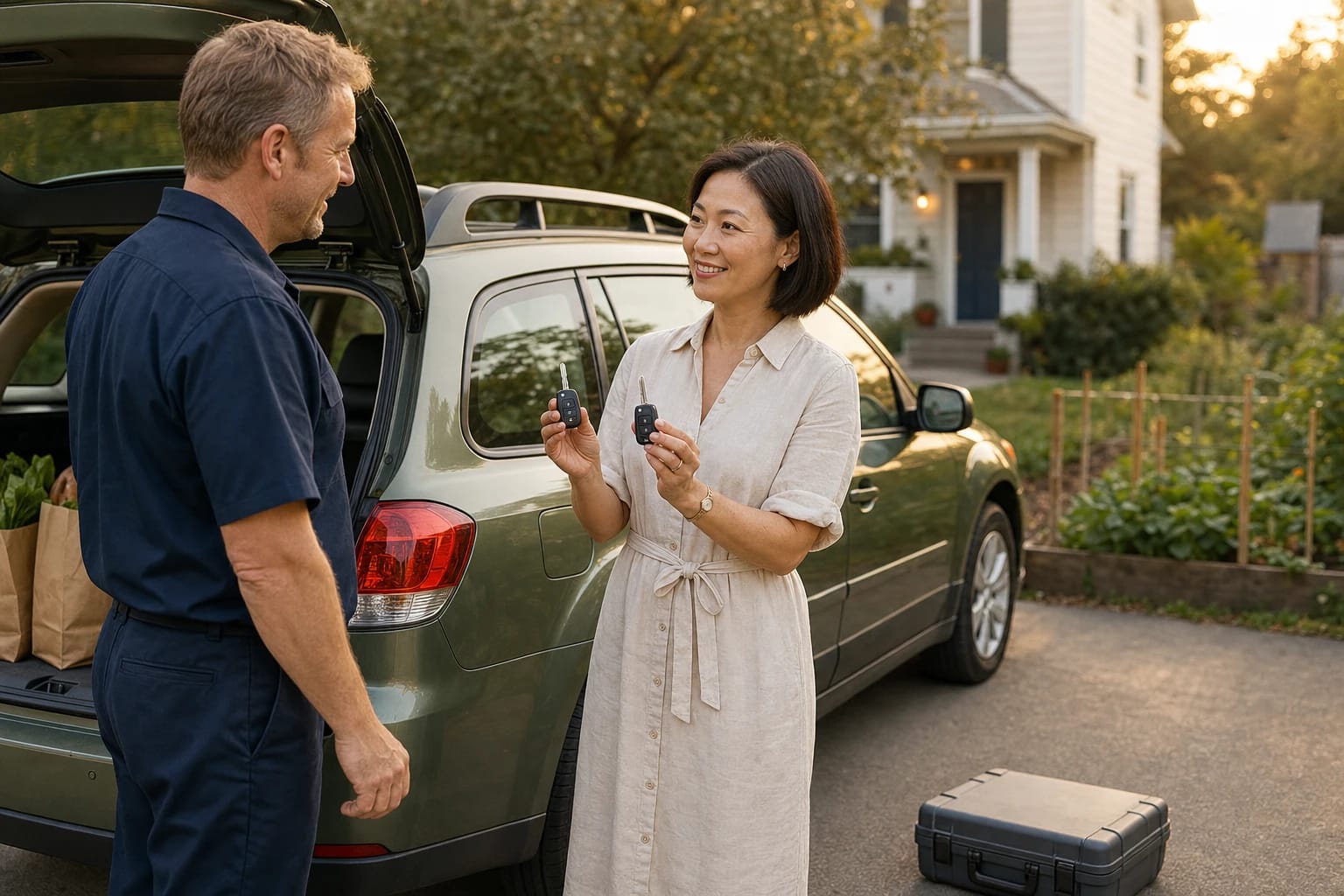 Woman holds up two new flip car keys beside a locksmith next to a green wagon in a home driveway