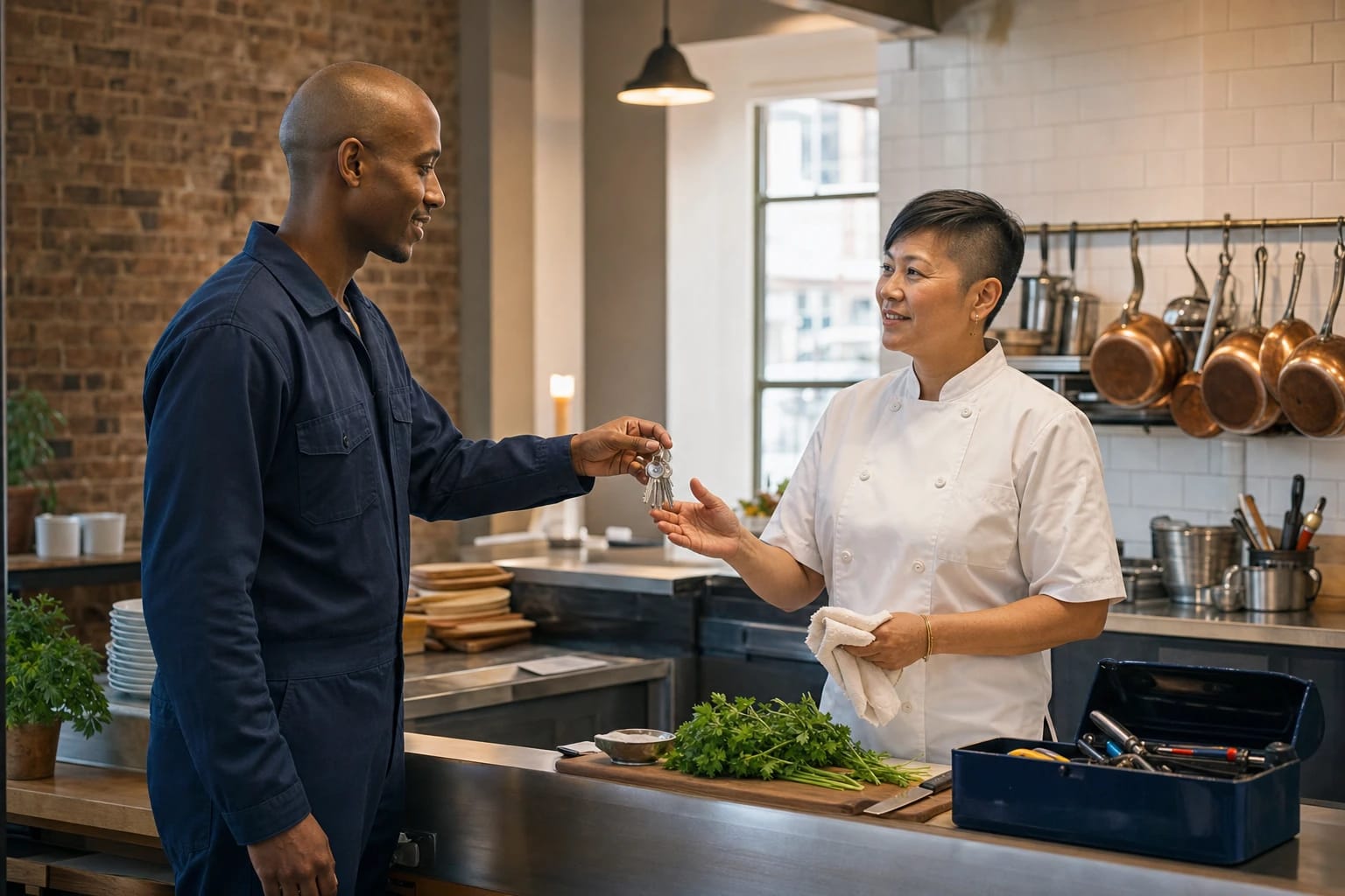 Locksmith hands a ring of keys to a chef in a restaurant kitchen with copper pans and a brick wall