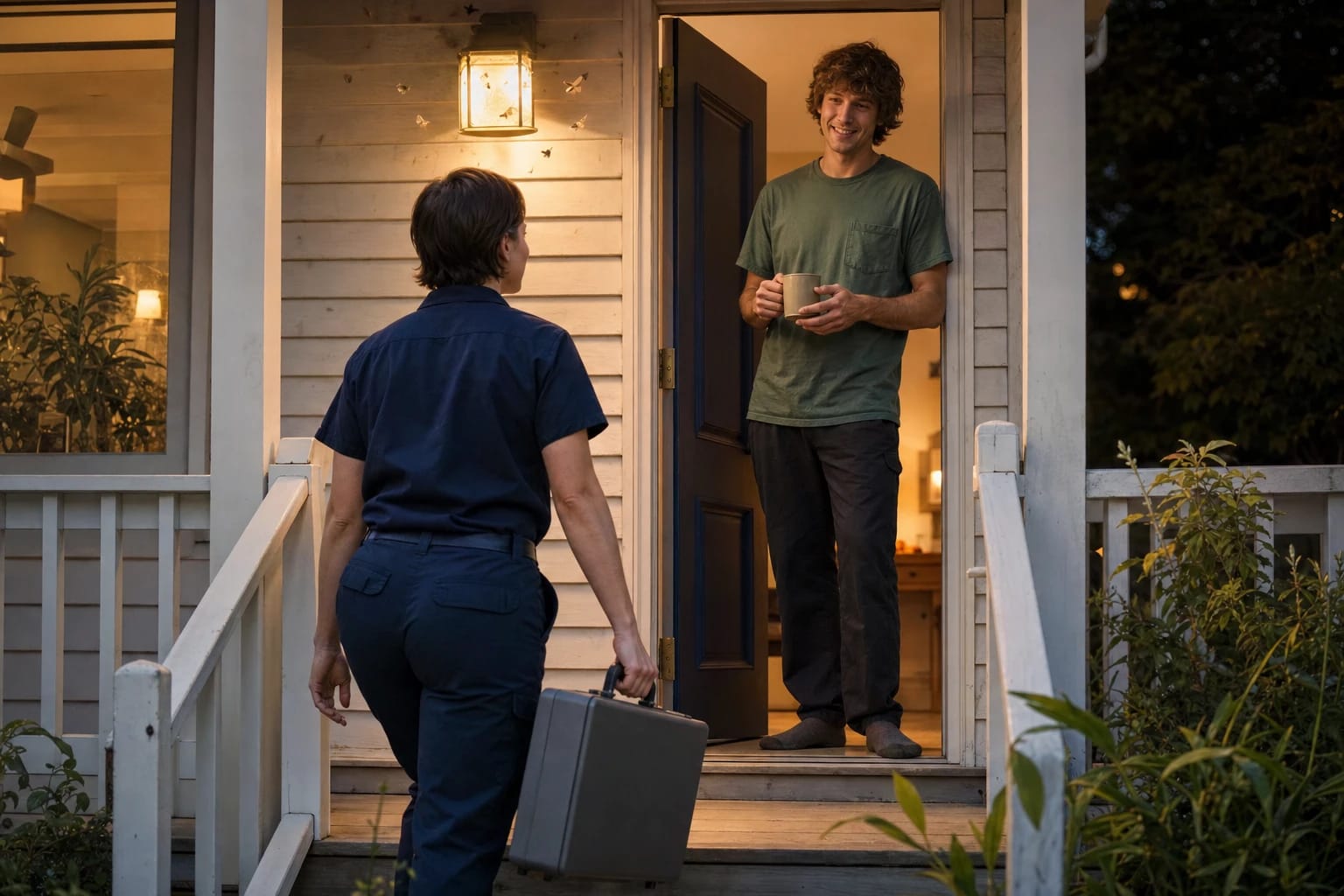Locksmith with a case climbs porch steps at dusk as a homeowner waits in the lit doorway
