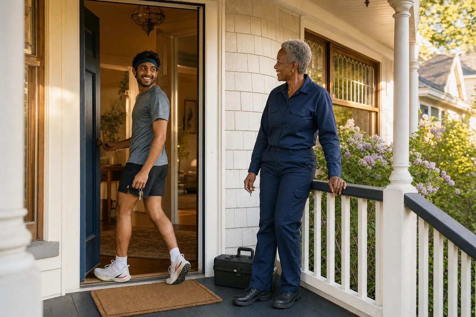Homeowner with keys steps back inside his front door as a locksmith waits on the sunny spring porch