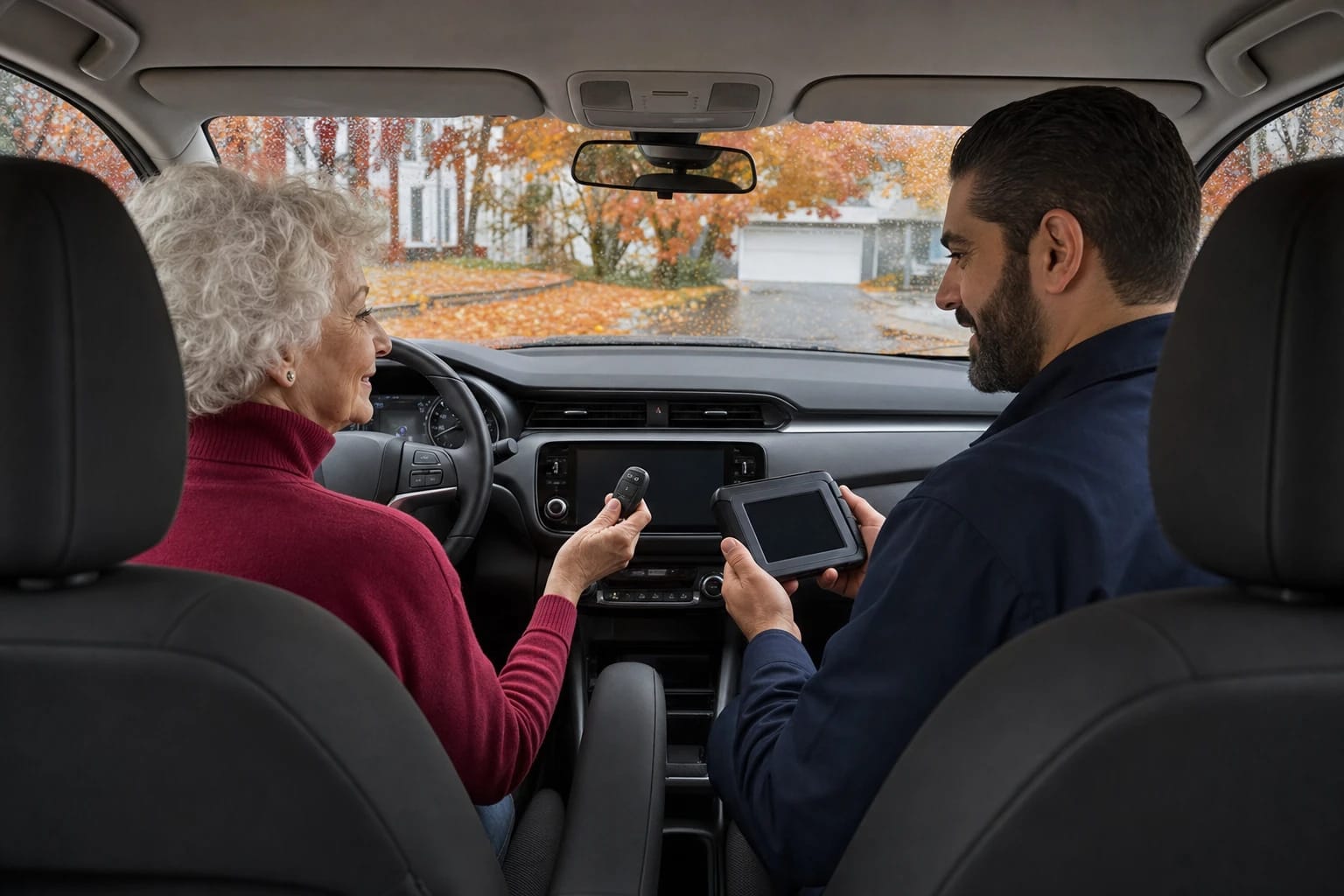 Driver holds a key fob as a locksmith in the passenger seat uses a handheld programming tablet