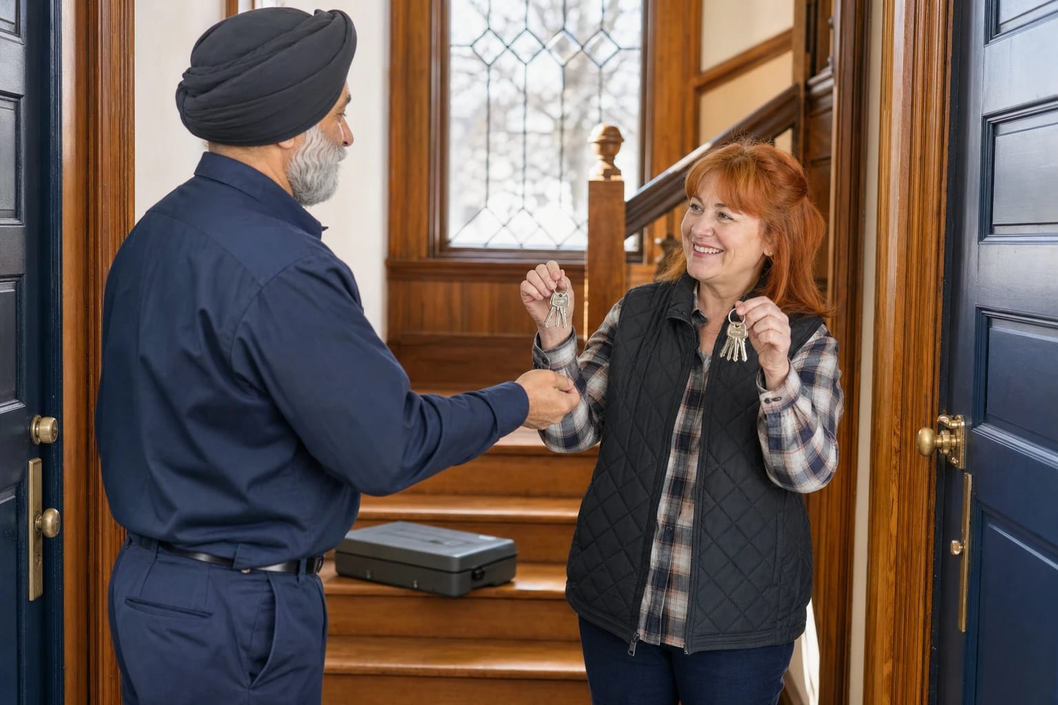 Smiling homeowner holds up two sets of new keys beside a locksmith in a wood-trimmed entry hall