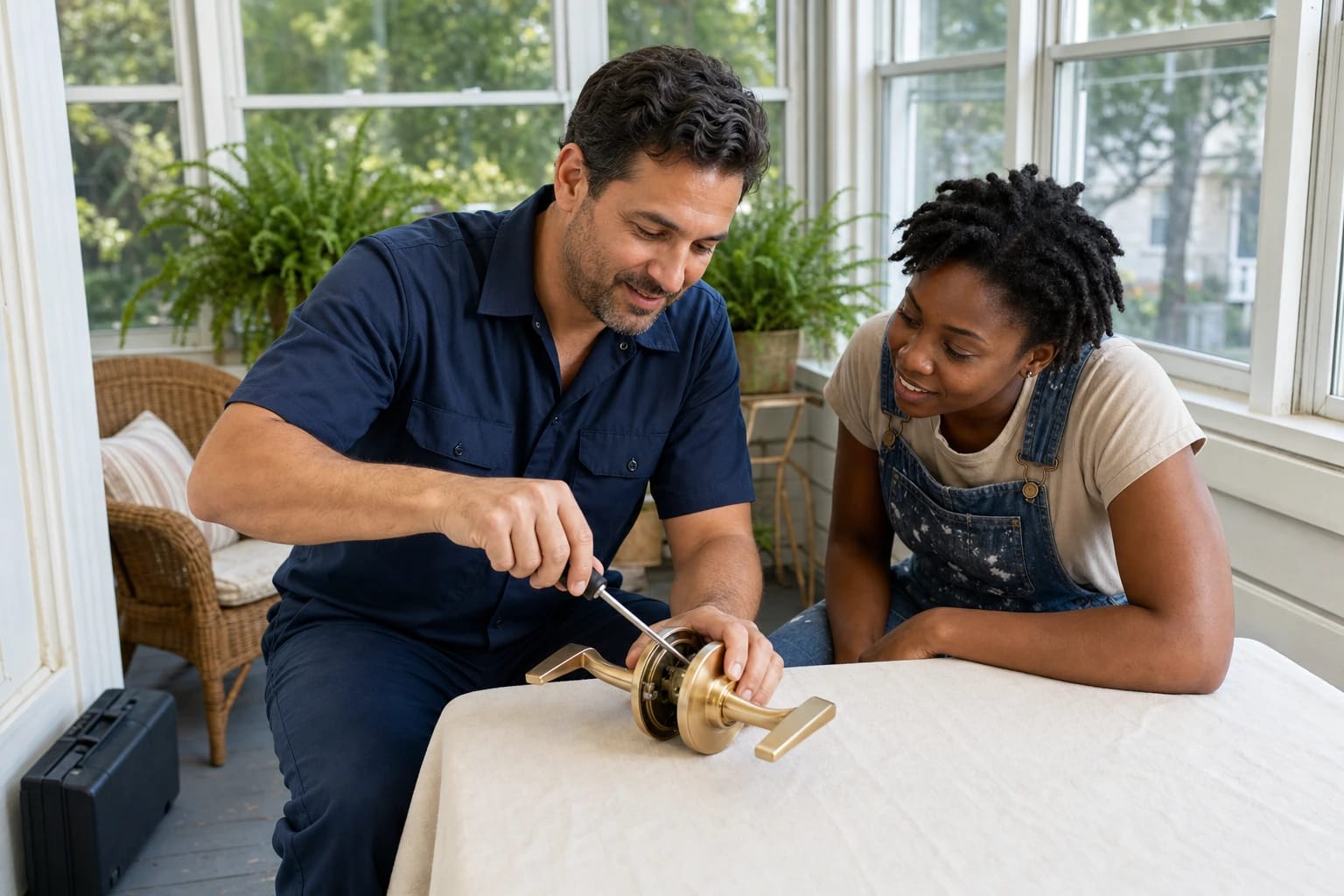 Locksmith uses a screwdriver on a disassembled brass lever lock at a table as a homeowner watches