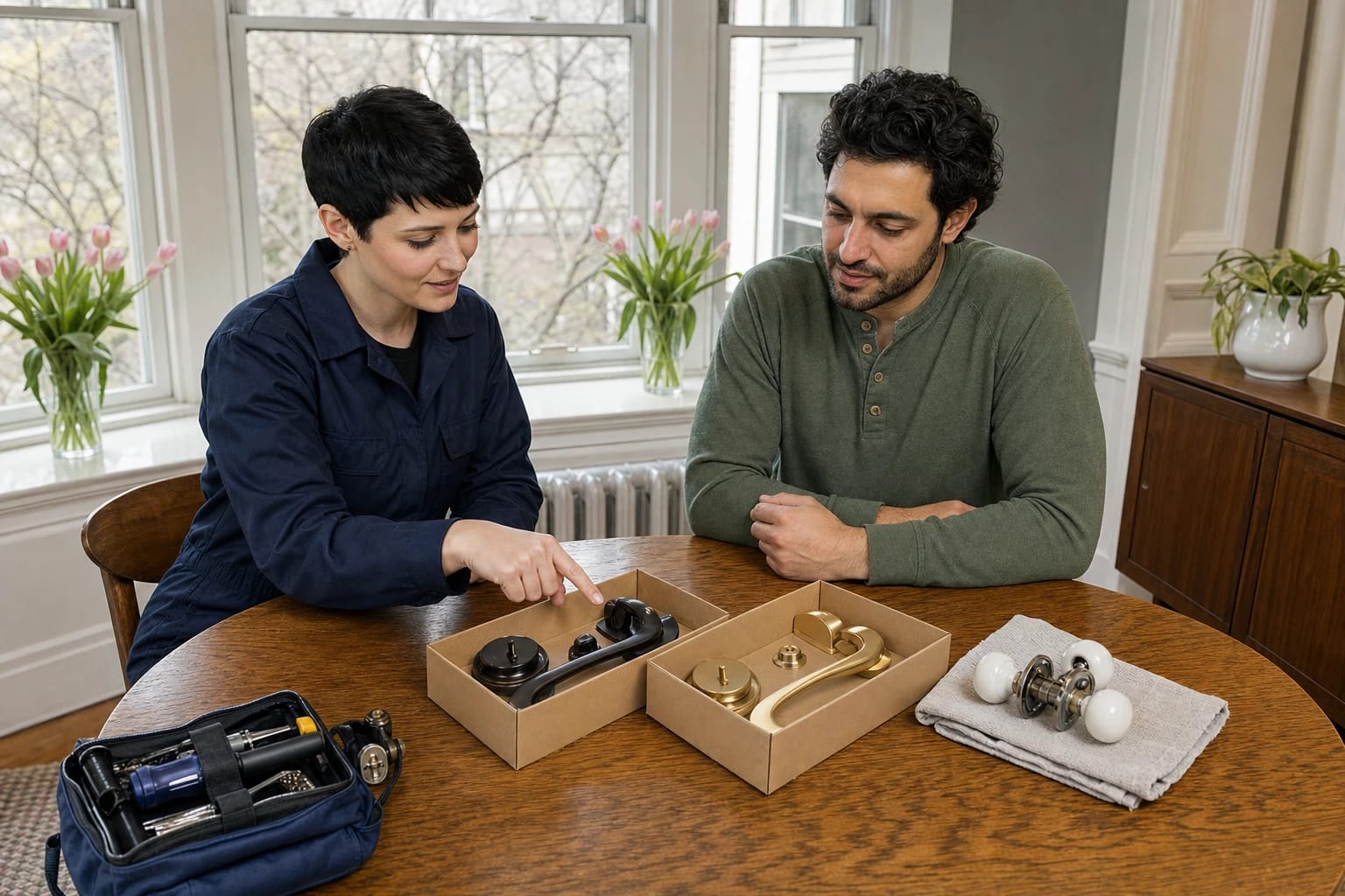 Locksmith shows a homeowner two boxed lever sets next to an old porcelain knobset on a dining table