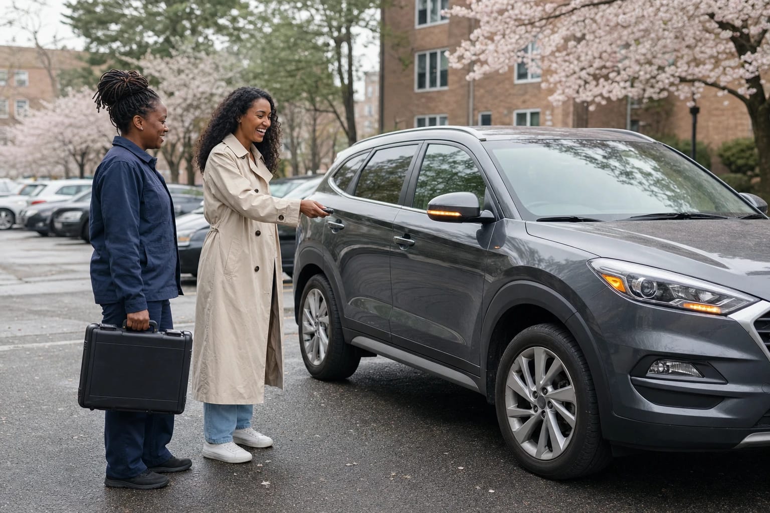 Woman tests a key fob on her gray SUV as a locksmith with a tool case watches in a lot lined with cherry blossoms