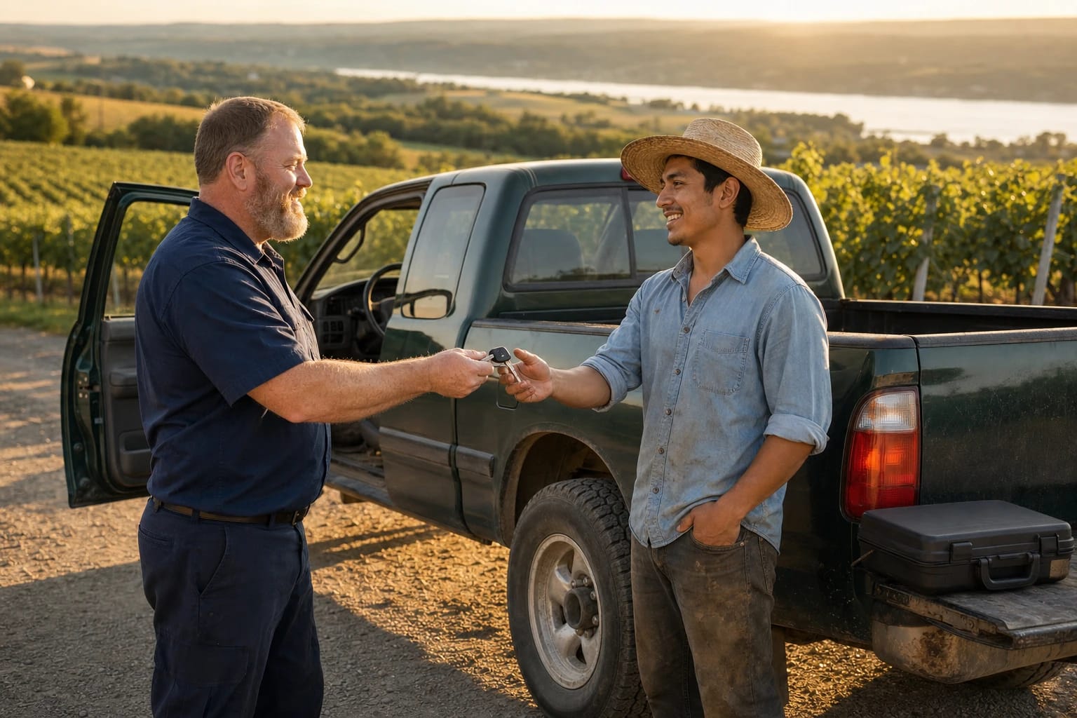 Locksmith hands a new car key to a man by his pickup truck at a vineyard overlooking a lake at sunset