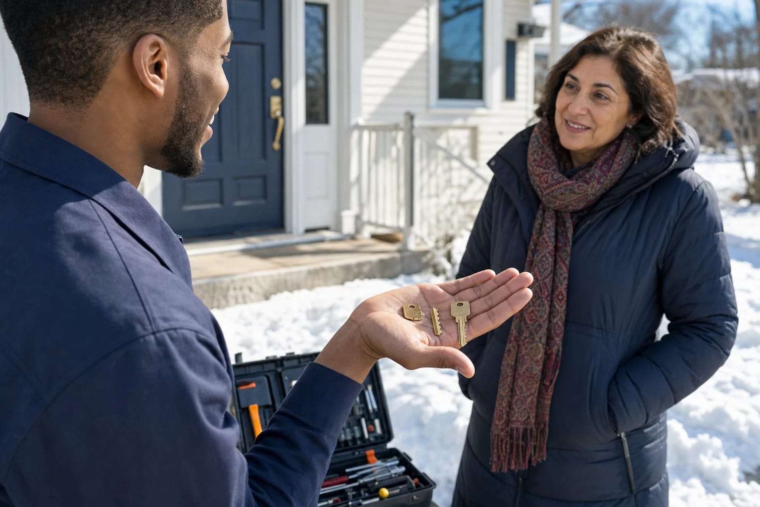 Locksmith shows a snapped key and a new key in his palm to a homeowner in a snowy front yard