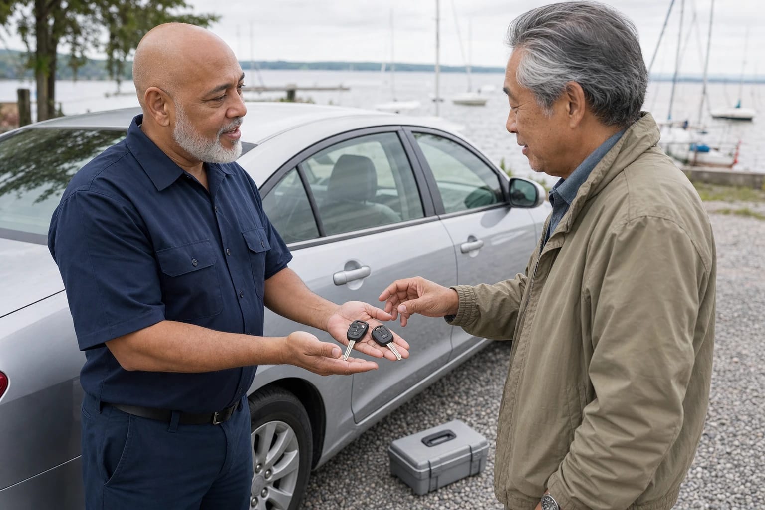 Locksmith shows two new car keys in his palm to a man beside a silver sedan at a lakeside marina