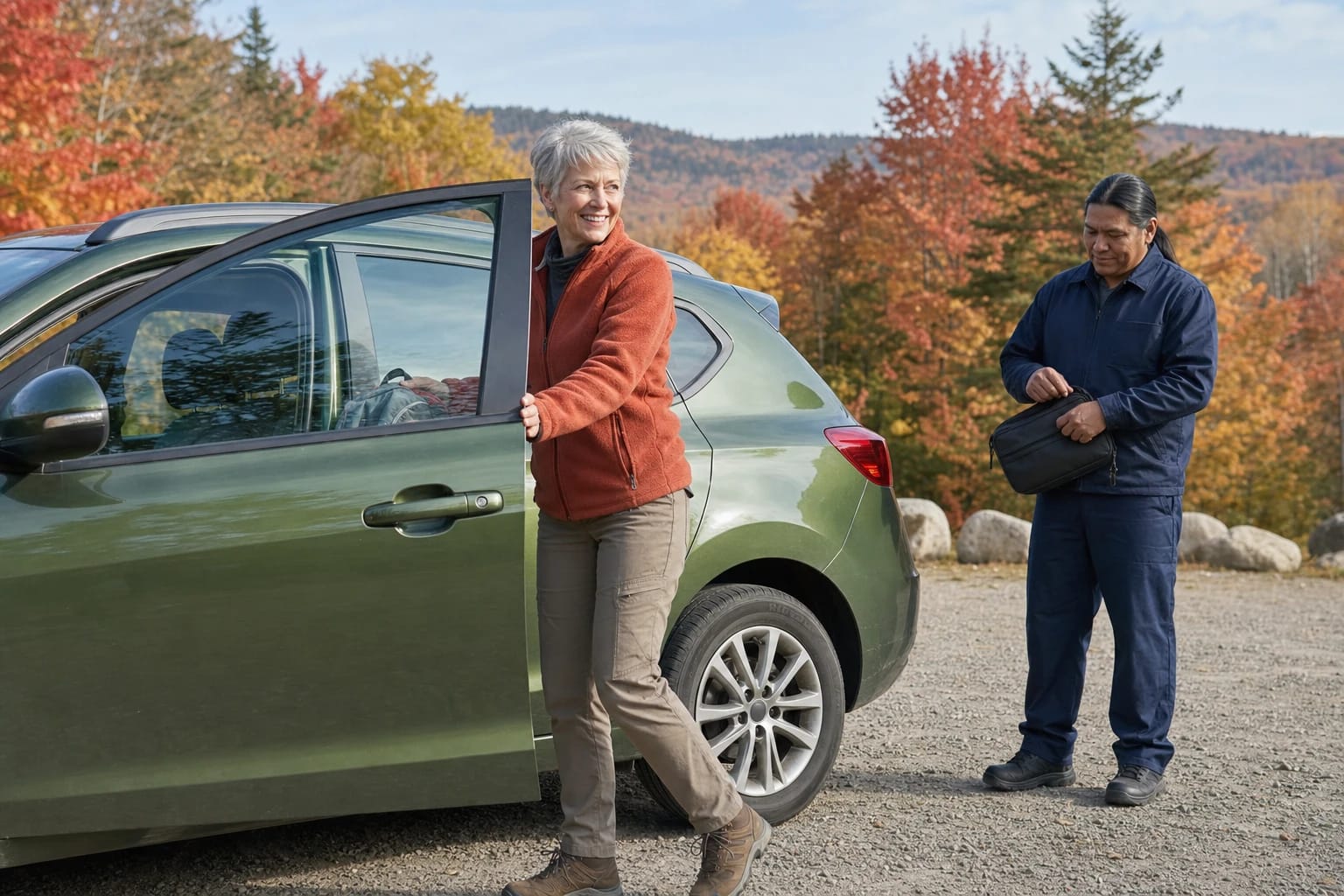 Woman smiles as she opens her green hatchback's door while a locksmith zips his bag, autumn hills behind