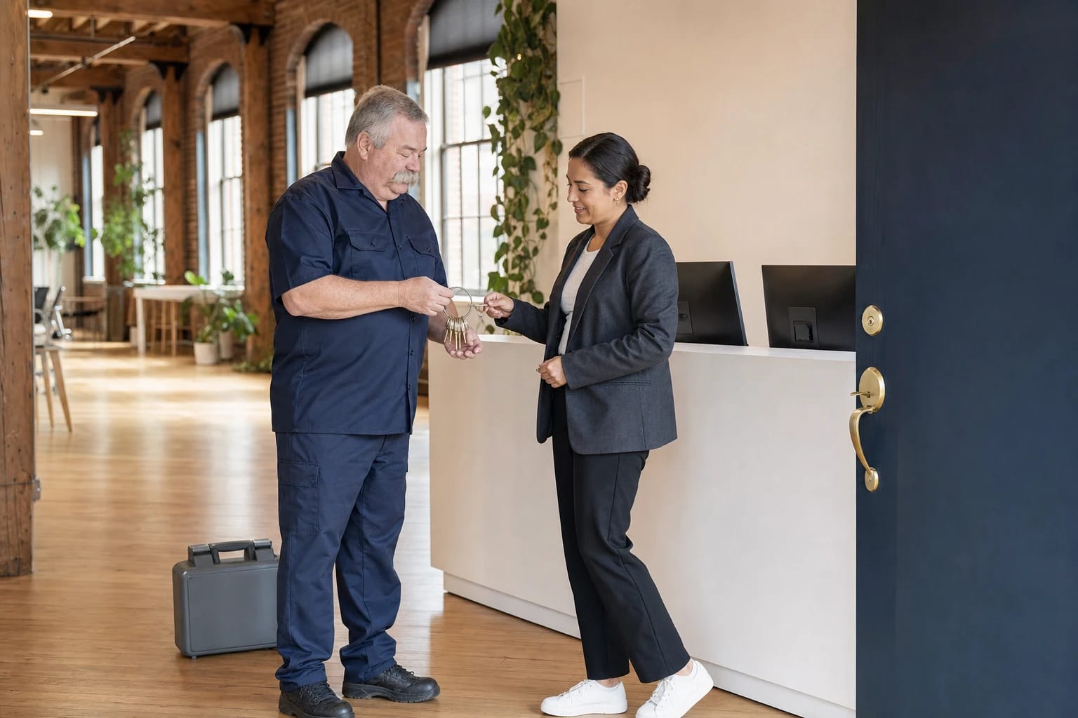 Office manager hands a key to a locksmith holding a ring of brass keys in a brick loft office
