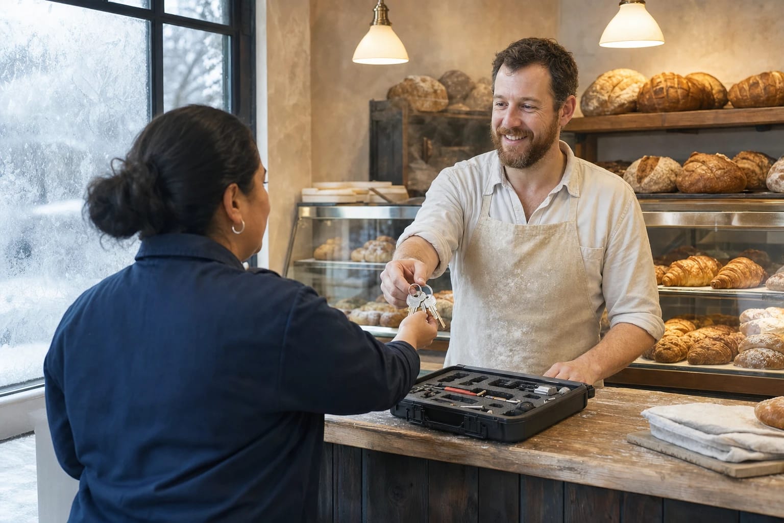 Bakery owner hands a set of keys to a locksmith across the counter while snow falls outside