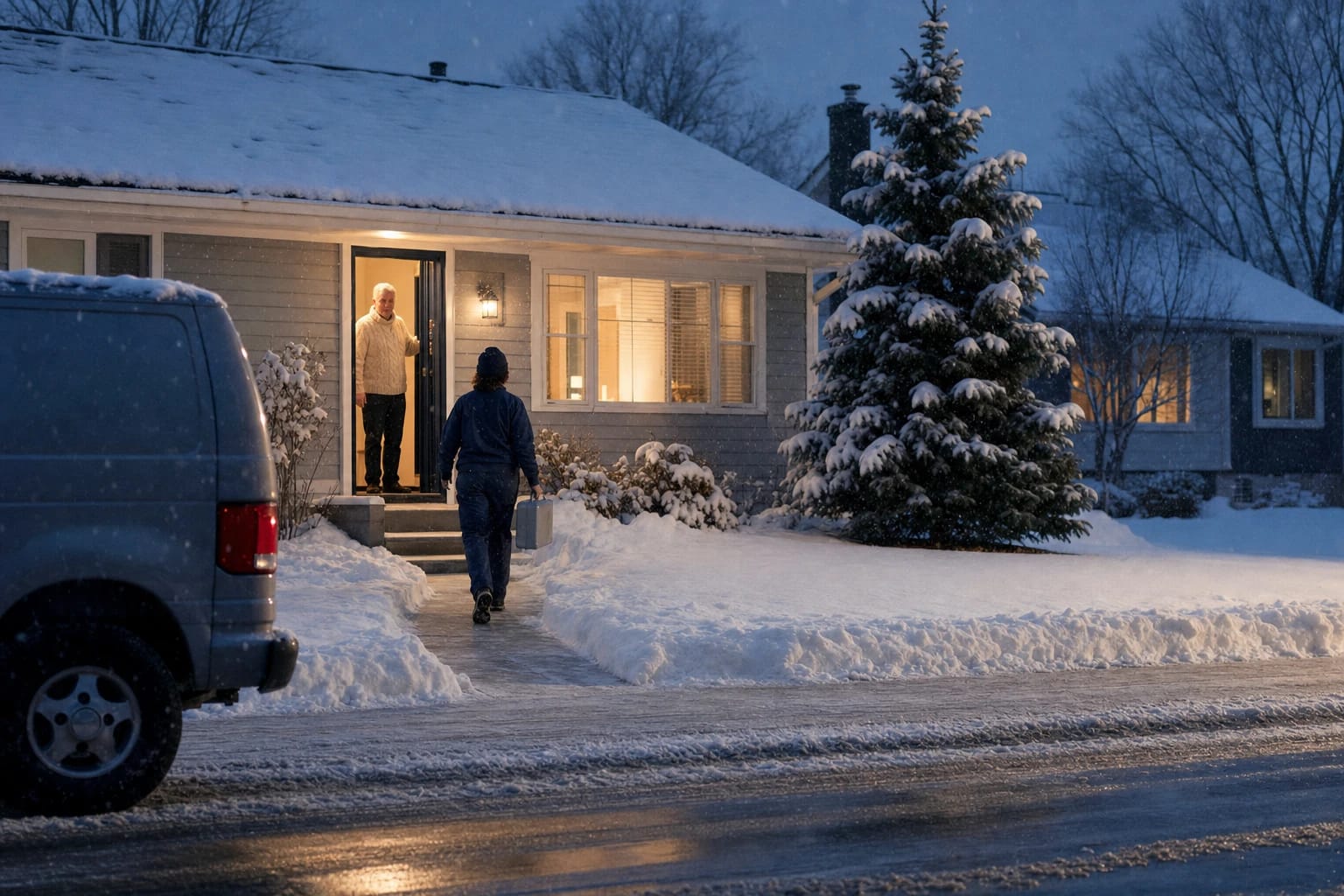 Locksmith carries a tool case up a snowy front walk at dusk as a homeowner waits in the lit doorway