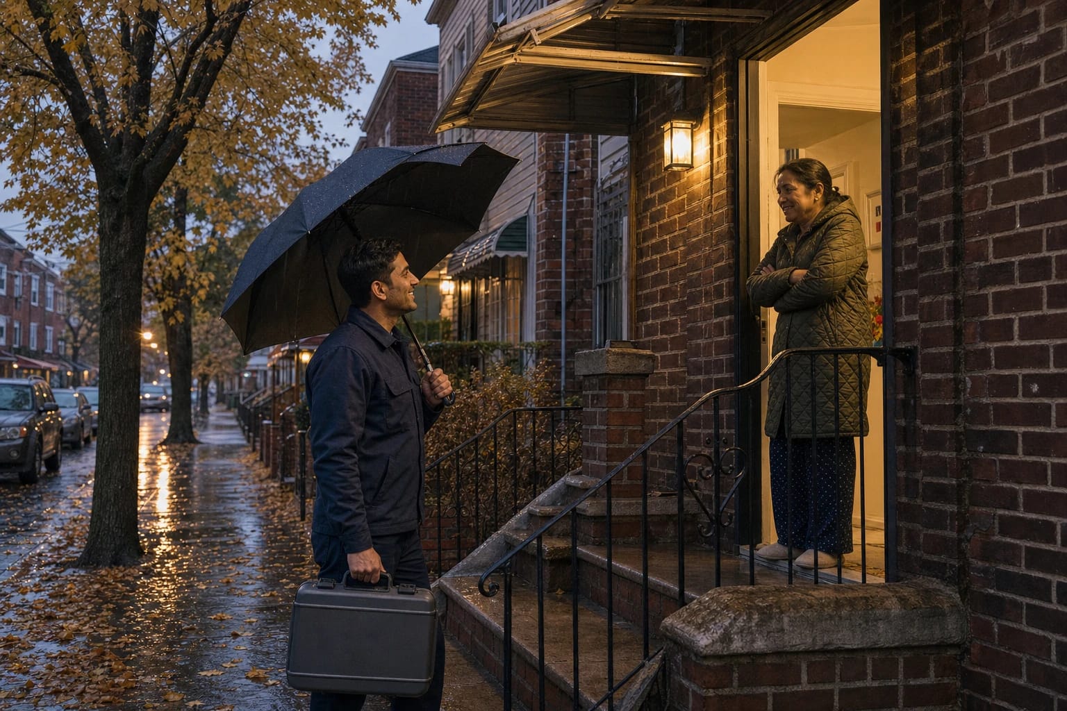 Locksmith with umbrella and tool case greets a homeowner at a brick rowhouse door on a rainy autumn evening