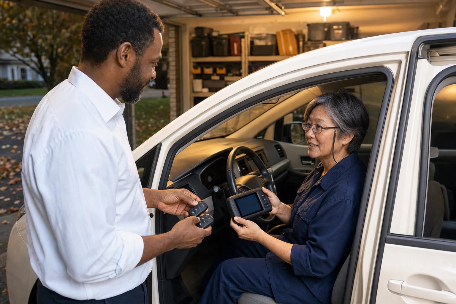 Locksmith in the driver's seat holds a programming tool as the owner holds two key fobs outside a home garage
